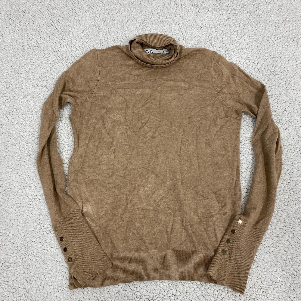 Zara Womens Tan Knit Wool Blend Turtleneck Sweater Gold Button Cuffs Small